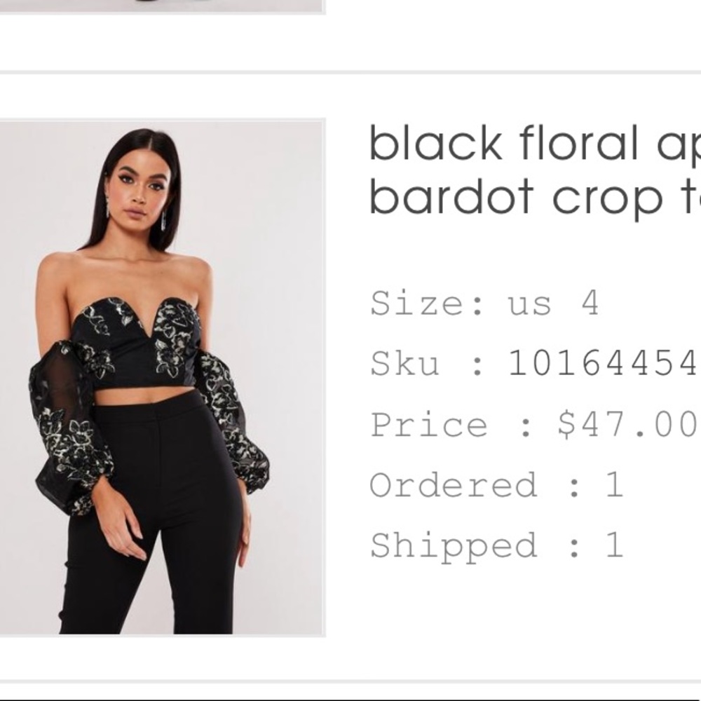 ❌SOLD❌Missguided Black Floral Bardot Women’s Crop Top